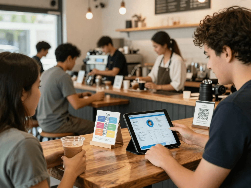 Owner managing loyalty software in a bustling café using a QR code for customer engagement.